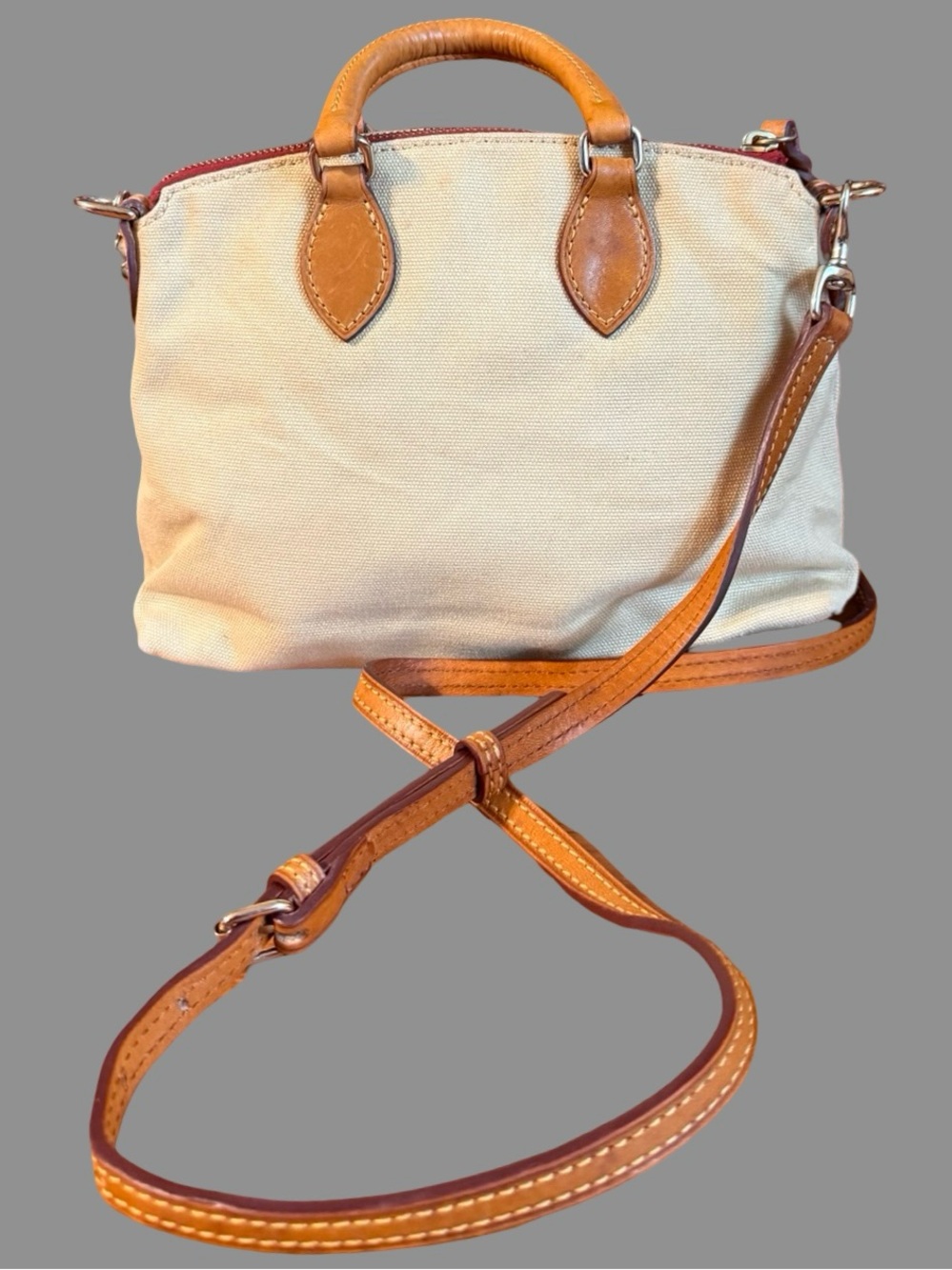 Vintage Dooney & Bourke Canvas & Leather Crossbody Satchel Bag – Cream / Tan - Picture 2 of 9